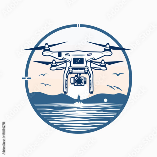 A stylized illustration depicting a drone hovering over a seascape with a person and birds