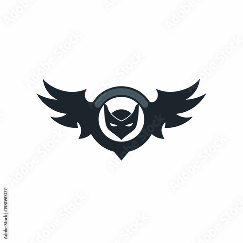 Stylized emblem featuring a dark-colored owl-like face centered with wings and a rounded element