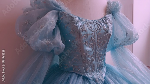 Close-up of a light blue ballgown with intricate embroidered bodice and voluminous sleeves