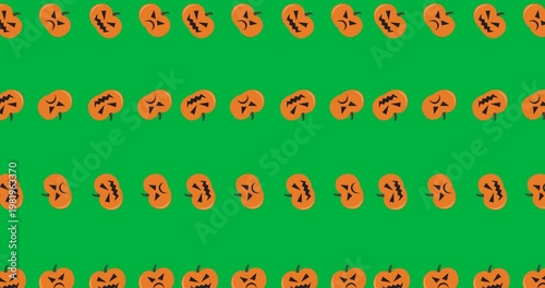 Halloween digital art features scary icons and pumpkins on a black background.