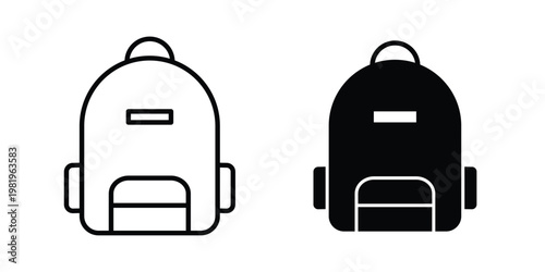 Backpack icon editable vector pack. Black flat and line symbols