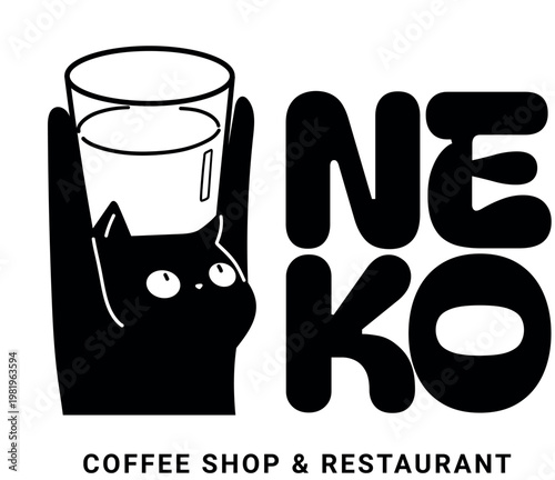 Neko coffee shop restaurant logo with cat holding coffee cup.