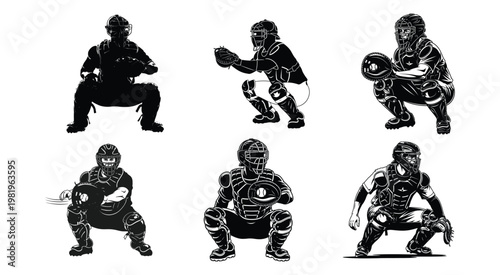 Set of six baseball catcher silhouettes in various crouching positions detailed in a black and white vector sketch style