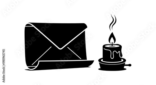 Burning candle next to envelope.