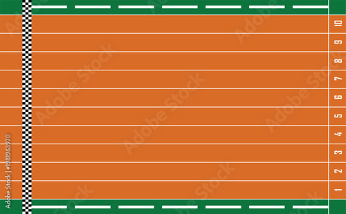 Running track top view with 10 lanes, orange athletics stadium field, finish line vector background