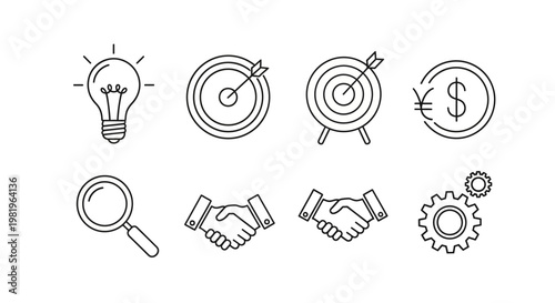 Business and finance icons light bulb target money handshake gear and more