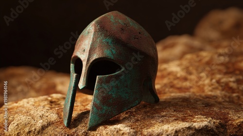 verdigris. Ancient Greek Corinthian helmet, bronze with dents and verdigris, visor down. event programs, museum guides, designed for cultural heritage projects and event programs, preserves heritage.