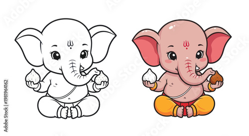 Cute Cartoon Ganesha Coloring Page and Colored Illustration