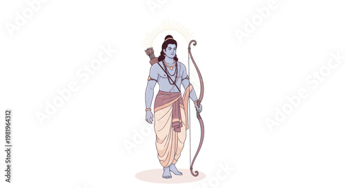 Illustration of Lord Rama with bow and arrow, Hindu deity, divine warrior, blue skin