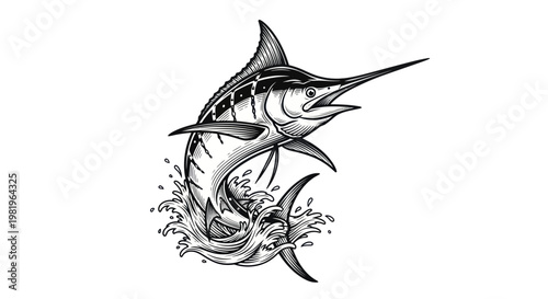 Marlin Fish Jumping Out of Water, Hand Drawn Illustration, Fishing Sport Concept