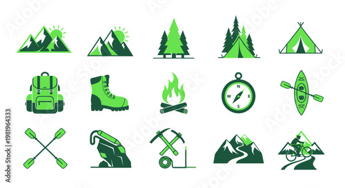 Outdoor Adventure Icons: Camping, Hiking, Kayaking, Biking, Mountains