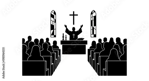 Pastor preaching to congregation in church, religious service, worship, faith, community