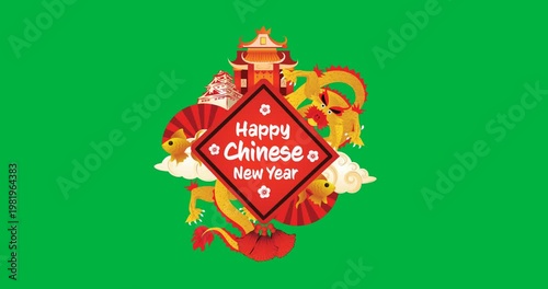 Happy chinese new year text banner with chinese concept icons against black background