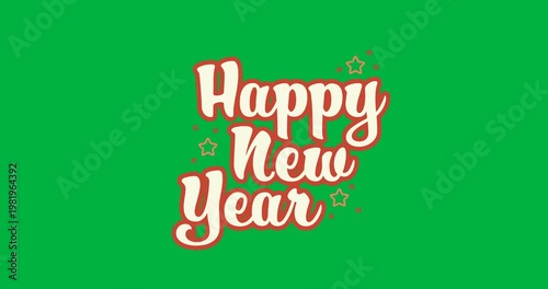 Digital animation of purple happy new year text banner with stars icons against black background