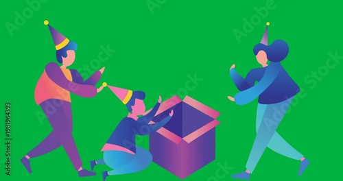 Digital animation of people wearing party hat icons partying against black background