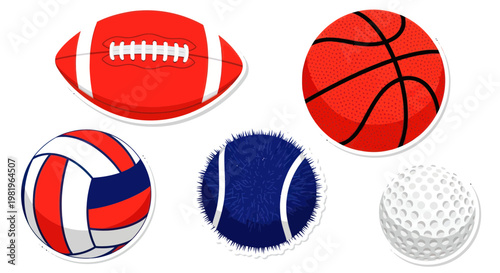 Collection of five sports balls: football, basketball, volleyball, tennis, golf