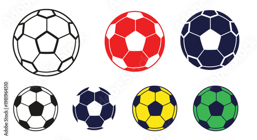 Collection of Footballs: Classic Black and White, Red, Blue, Yellow, Green Designs