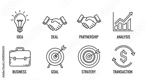 Business icons representing ideas deals partnerships analysis and goals