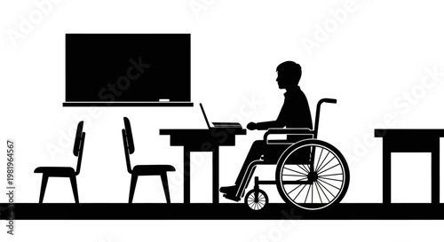Man in wheelchair using laptop computer.