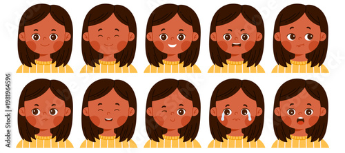 Set of cute little girl character with different facial expressions. Child avatar with various emotions as happy, sad, surprised, angry, confused and smiling. Isolated vector illustration