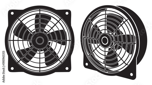 Black and white illustrations of computer cooling fans in square and round frames