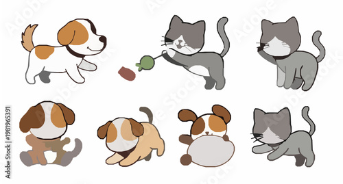 Cute dog and cat sticker vector set with funny doodle pets in different poses and breeds for t shirt and print design