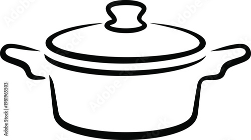 Simple black and white line drawing of a kitchen pot with handles and a lid