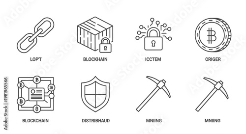 Cryptocurrency icons set blockchain bitcoin mining security vector graphics