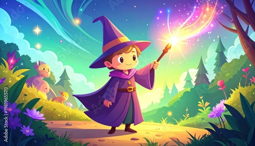 Cartoon wizard boy casting magic wand spell in a colorful, whimsical forest
