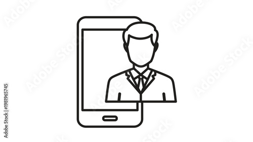 Business professional on smartphone screen vector icon. Minimalist black line illustration of a businessman in a suit for mobile communication, digital consulting, and online support services.