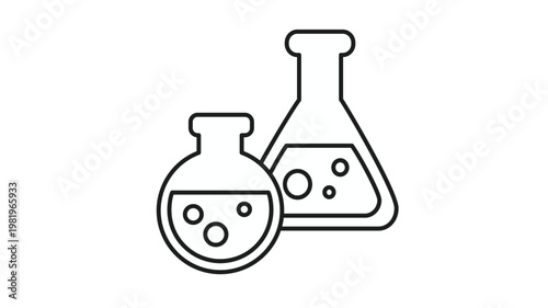 Minimalist black line vector icon illustration of laboratory glassware featuring a round-bottom flask and an Erlenmeyer flask with bubbling liquid, ideal for science, chemistry, and research.
