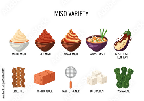 Infographic displaying various miso types and related food ingredients