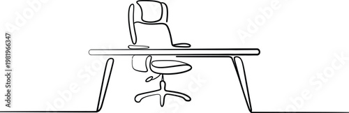 Simple continuous line drawing of a modern executive office desk and comfortable swivel chair setup