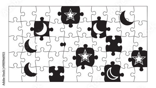 A black and white puzzle with stars and moons