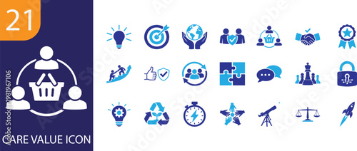 Core value icon set with integrity, trust, teamwork, leadership and mission symbols for branding.
