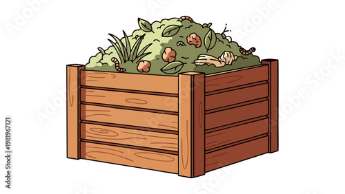 Wooden Garden Compost Bin Filled with Organic Waste and Worms
