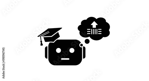 Robot wearing graduation cap thinking.
