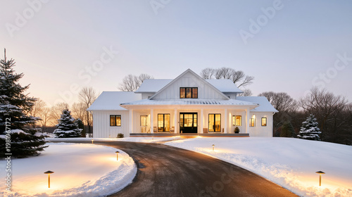 A large white house with a snow-covered roof and driveway at dusk