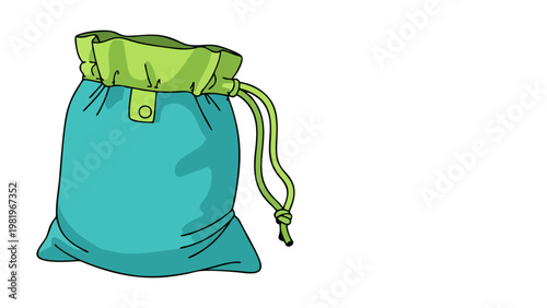 Cartoon Illustration of a Small Turquoise Drawstring Storage Pouch
