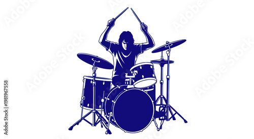 Musician playing drum kit, energetic beat, rock music, silhouette style