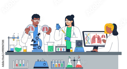 Scientists conducting medical research on lungs in a modern laboratory setting.