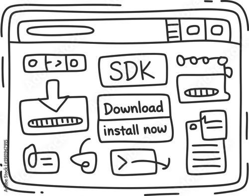 Software development kit interface window with various buttons and download progress elements for web application users