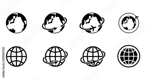 地球と飛行機の海外旅行の線画アイコン