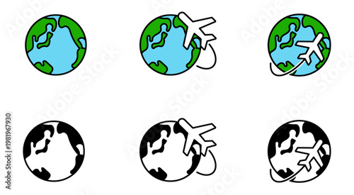 地球と飛行機の海外旅行の線画アイコンイラスト