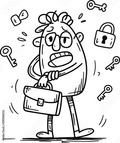 Stressed business professional holding a briefcase surrounded by floating keys and a locked security padlock