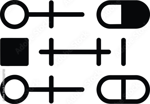 Three rows of modern geometric icons featuring distinct shapes and lines for user interface navigation systems