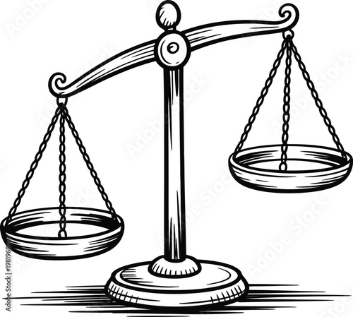 Traditional hand drawn scale of justice icon representing legal fairness and objective balanced professional judgment