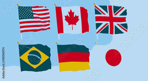 Illustrated flags of various countries waving against a blue sky background