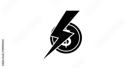 Black lightning bolt piercing a coin representing finance and electricity