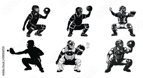 Set of six black and white baseball catcher silhouettes in various crouching and catching poses for sports design